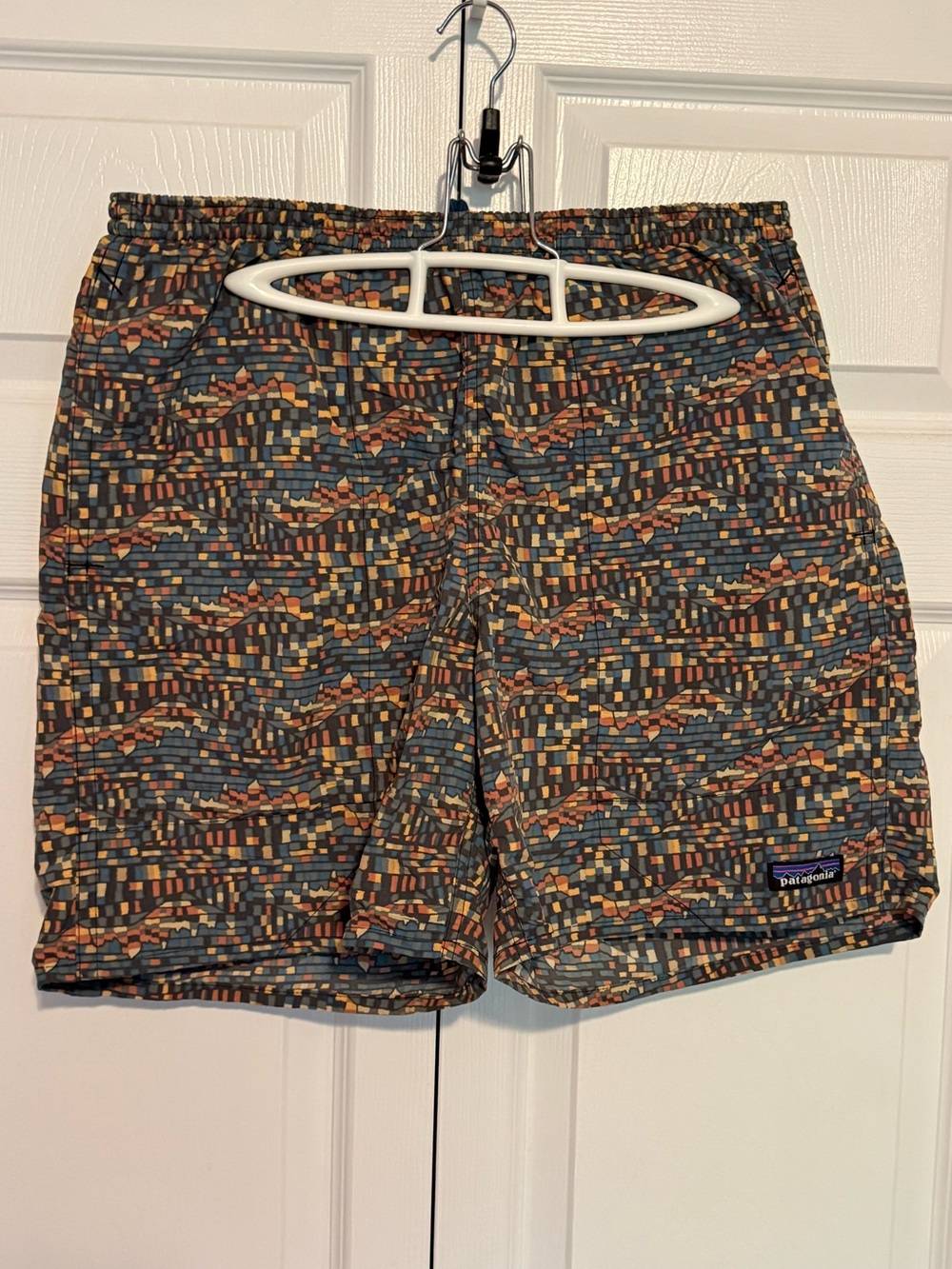 Patagonia Swim Shorts in Navy with Orange and Yellow Geo Dashes
